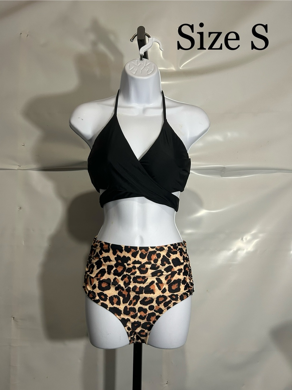 Women’s Black Halter Bikini Top with Leopard High-Waist Bottom Size Small